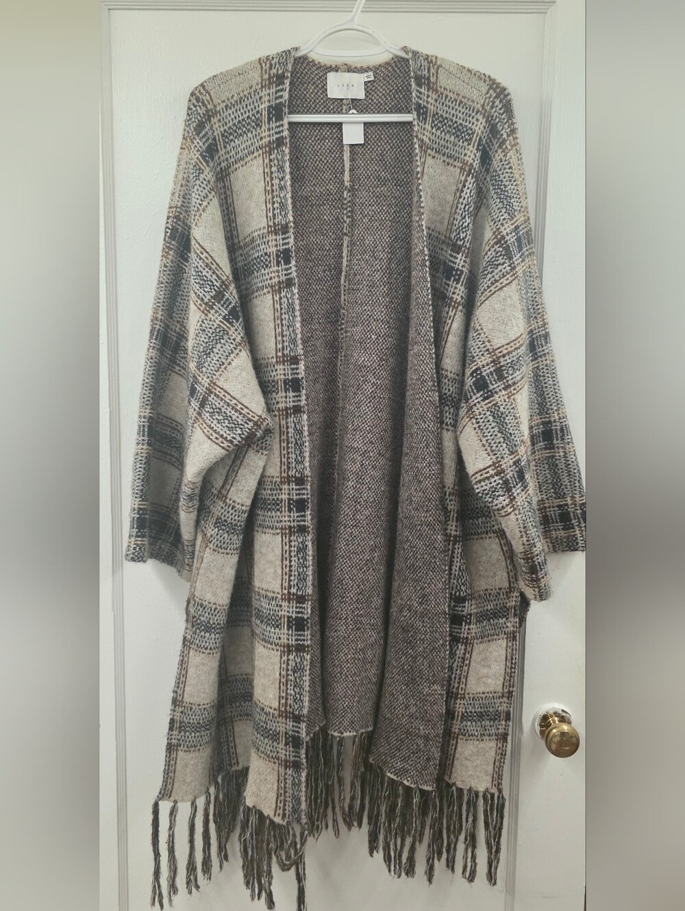 LUSH Oversized Plaid Fringe Open Front Cardigan Cream Brown S